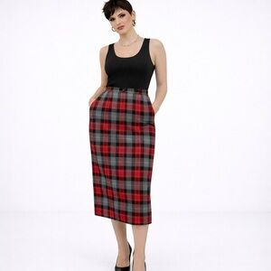 Vintage Red and Black Plaid Pencil Skirt Wool DarkAcademia Goth Grungy Sz L